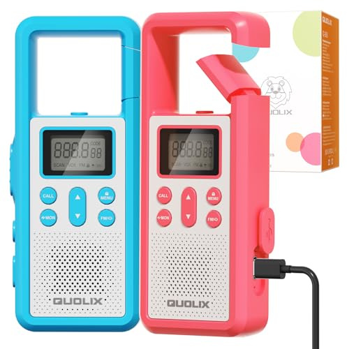 QUOLIX Talkie Walkie pour Enfants, Talkie Walkies Portée 3 Miles Rechargeable avec Alarme SOS, Fonction Vox et PTT avec Lampe de Poche Radios FM LED pour L'Aventure en Plein Air, 2 Pcs
