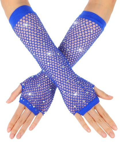 Netzhandschuhe Strass Königsblau Lange Fischnetz Fingerlose Handschuhe Netzhandschuhe für Damen mit Strass Fishnet Glänzende Modische Opernhandschuhe für 80er Jahre Kostümparty Halloween Cosplay