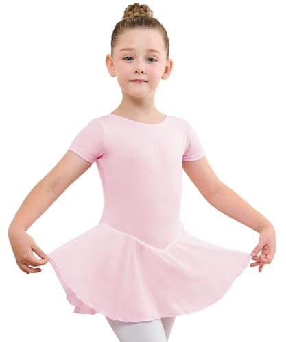 BALAYSIER Ballettkleidung Mädchen Ballettkleid Kurzarm Balletttrikot Baumwolle Tanzkleid Tanzbody Mit Chiffon Rock Tütü(Rosa, 110)
