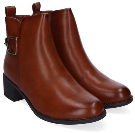 86617 Botines de Tacon para Mujer, Comodos y Elegantes con Detalle de Hebilla, Punta Redonda y Cierre de Cremallera Lateral, Ideales para Otono-Invierno. Camel Talla 38