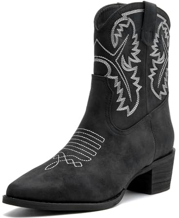 DADAWEN Femme Western Bottines de Cowboy Talon Bloc Bottes de Cowgirl Mi-Mollet Occidentales Classiques Vintage Broderie