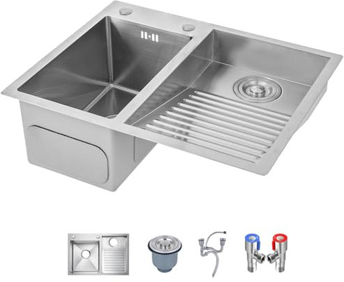 Évier À Linge En Acier Inoxydable Avec Planche À Laver – Bassin Utilitaire Fait Main Pour Buanderie, Atelier Et Garage – Finition Brossée Durable, Bassin Profond Avec Drainage Efficace(Right-a,60cm)