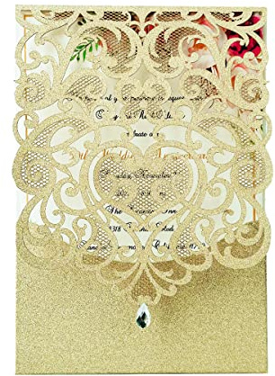 Hosmsua Blnak - 20 tarjetas de invitación de boda con diamantes de imitación y sobres para despedida de soltera, con purpurina dorada y purpurina cortada con láser