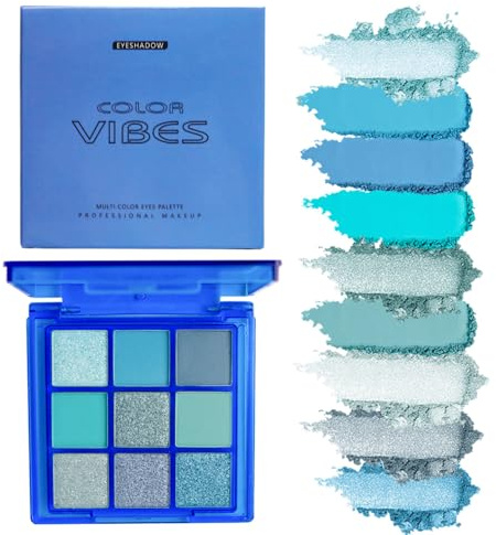 9 Colors Eyeshadow Palette – Blue Eyeshadow Theme, Matte & Glitter Convenient Portable Travel Eye Makeup Palette for Christmas & Music Festivals (Blue)