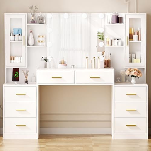 ANWBROAD Große Schminktisch mit verstellbaren 3 Farben LED-Beleuchtung und Steckdosen Modern Weiß Schminktisch mit Spiegel 8 Schubladen Frisiertisch 150x135x40cm BDT67W