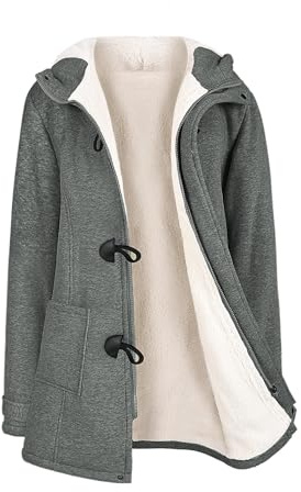 Yuson Girl vinterjacka dam fleecejacka lång varm hornknappsjacka enfärgad vinterrock huvtröja vinter kofta sweatshirt dam dragkedja huvjacka med knapp, Mörkgrå, S