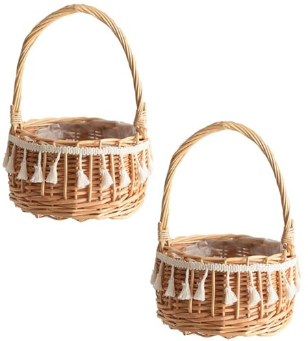 2 Piezas Cestas Pequeñas Mimbre Con Asa, Cesta Setas Mimbre, Cesta De Flores Secas, Cestas Tejidas Con Lazo, Cestitas De Pequeñas, Para Boda Ceremonia Fiesta, Decoración Del Jardín (C, Mediano)