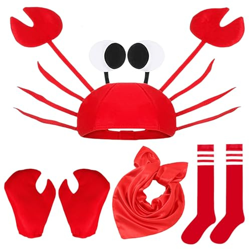 4Pcs Crab Costume Accessories Set, Red Crabs Fancy Dress Kit with Adjustable Crab Hat, Square Scarf, Claws Gloves, Striped Socks, Animal Cosplay Accessories for Halloween Christmas Dress Up Day