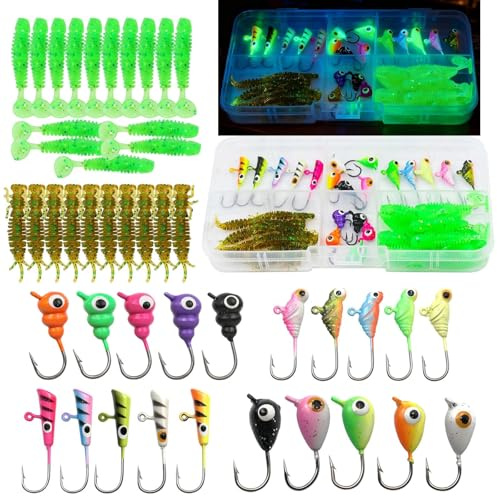 9KM DWLIFE Ice Fishing Jigs and Lures Kit Glow in The Dark Jig Heads for Panfish Crappie Trout Walleye, Ice Fishing Gear Set with Soft Baits(45pcs-A)