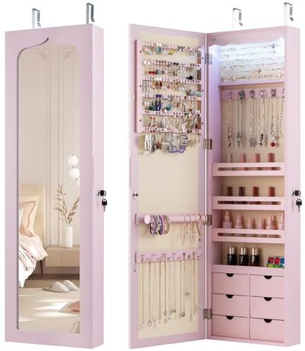 COSTWAY Armadio portagioielli con 5 Luci LED, Porta che Si Chiude, Armadio Portagioielli Montato a Muro con Specchio e 6 Cassetti, Organizer Gioielli con Tanto Spazio per Ragazze (Rosa)
