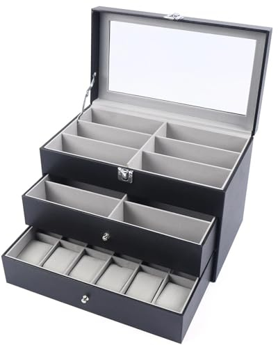 GDSKR 24 cajas de almacenamiento para joyas, caja de relojes, estuche para gafas, caja organizadora con tapa de cristal, almacenamiento y visualización de casas, organizador de relojes, caja para