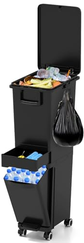 COSTWAY 3 in 1 Pattumiera 32L, Cestino per Rifiuti con 2 Cassetti 2 Scomparti Superiori e Adesivi, Pattumiera in Plastica a Pedale per Cucina Sala da Pranzo Soggiorno, 40x26x84 cm (Nero)