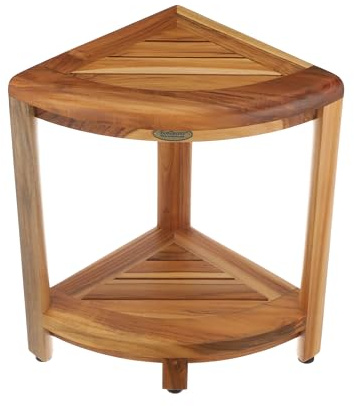 EcoDecors Snazzy Corner Two Tier Natural Color Shelf Waterproof Teak Wood Shower Bench Stool Seat Chair for Inside Shower Provides Safety, Storage and Organization for Bathroom Accessories