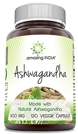 Amazing India Ashwagandha Supplement | 500 Mg Per Serving | 120 Veggie Capsules | Non-GMO | Gluten Free | Made in USA | Ideal for Vegetarians