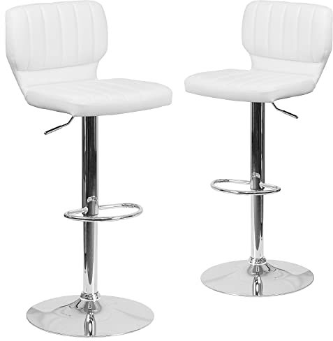 Flash Furniture Samantha Barhocker aus Vinyl, höhenverstellbar, mit vertikaler Naht auf der Rückseite und Chromsockel, Weiß, 2 Stück