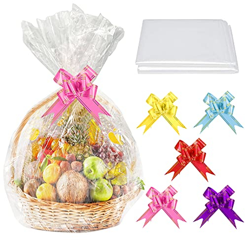 SelfTek Große Geschenkfolie Transparent Cellophantüten, 20 Stück Cellophanfolie 58 x 85cm, Durchsichtiges Geschenkfolie Mit 20 Zugschleifen für Geschenke Körbe, Blumen, Hochzeit