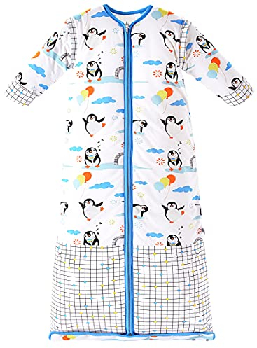 Chilsuessy Winter 3.5 Tog Kinder Schlafsack mit abnehmbaren Ärmeln Bio Babyschlafsack für Jungen und Mädchen von 1 bis 10 Jahre alt, Blau Pinguin, L/Koerpergroesse 100-130cm