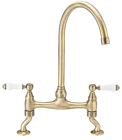 ENKI, Astbury, KT104, Deck Mounted Antique Brass, Kitchen Sink Mixer Tap, Featuring a Swivel Swan Neck Spout and Quarter Turn Ceramic Levers, Solid Brass Construction, Traditional Design