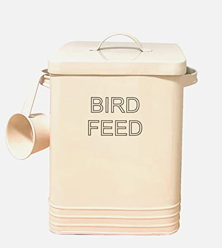 Bird Feed Storage Tin with Lid with Scoop Non Slip Pads (Cream)