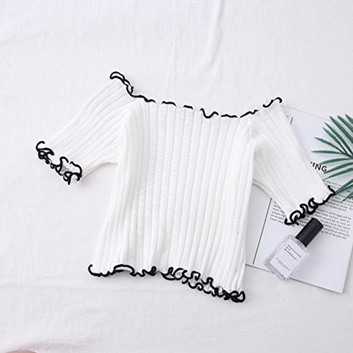 Dam T-shirts Off Shoulder Stickning Crop Tops Skinny Kortärmad Stretchy Volanger Fåll T-shirts Ribbade Söta Toppar-vita, One Size