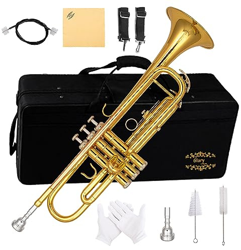 Glory Bb Trumpet - Trumpets for Beginner or Advanced Student with Case, pair of gloves-Gold