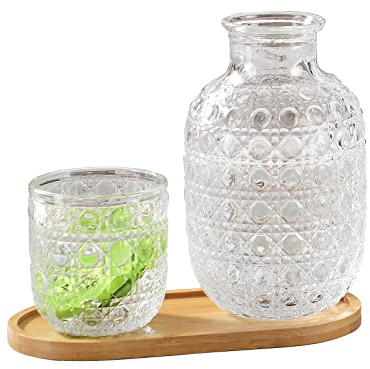 Carafe à Eau et Verre de Chevet Vintage, Carafe à Eau en Cristal avec Gobelet en Verre, Carafe en Verre de Table de Chevet de 14,8 Oz avec Pichet à Jus Transparent pour Stocker de L'eau, du(Blanc)
