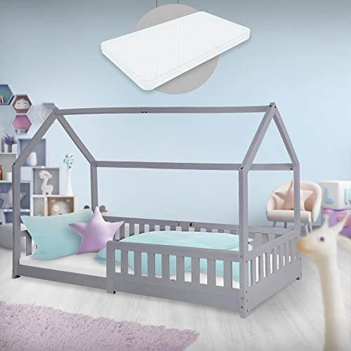 ML-Design barnsäng 90x200 cm ljusgrå med madrass H:16cm, fallskydd, tak, spjälram, lekbädd i massivt trä, husbädd för flickor/pojkar, sänghus i furuträ, ungdomssäng barnhus träbädd