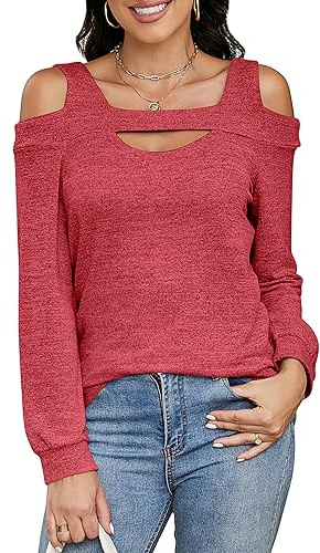 Heersan Camiseta Mujer Manga Larga Camisa Hombros Descubiertos Pullover Túnica Escote Cuadrado Top de Punto Otoño Nueva Llega
