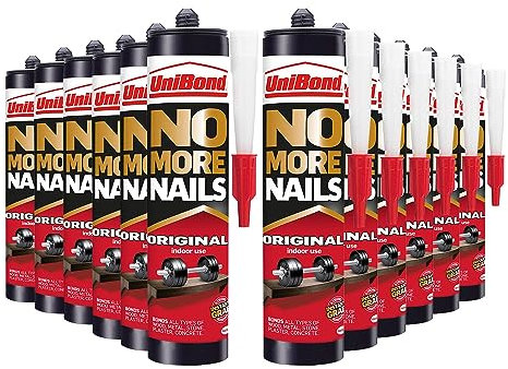 UniBond No More Nails Original, Heavy-Duty Mounting Adhesive, Strong Glue for Wood, Ceramic, Metal etc, White Instant Grab Adhesive, Bulk Buy 12 Pack