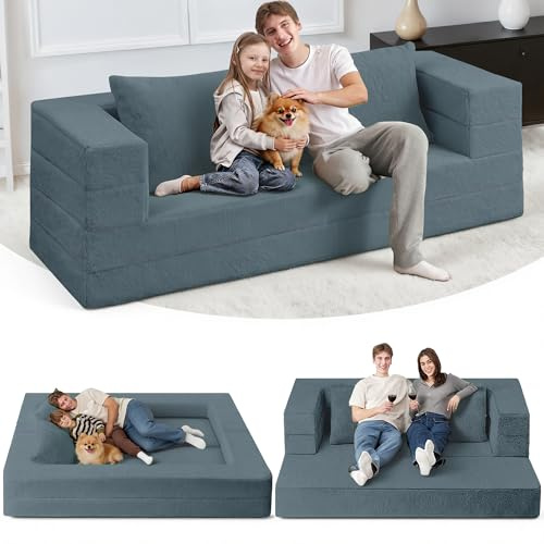 Cansunna Futon Sofa Bed with Pillow, 3-in-1 Sleeper Sofa Bed with Removable Cover, Convertible Floor Sofa Bed, No Assembly Boneless Couch for Living Room, Bedroom