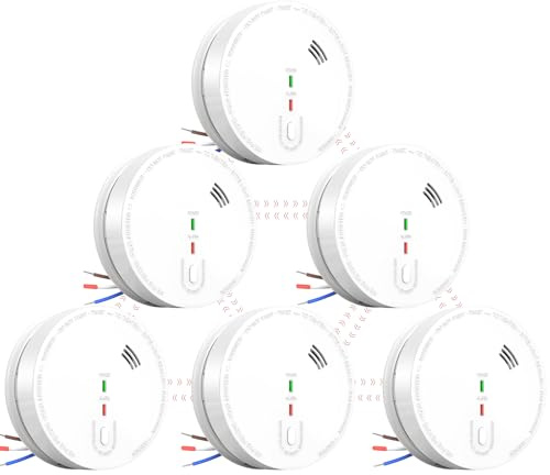 Andyssey GS517A Wired Smoke Alarm Mains powered, Interlinked Mains Smoke Detector 1 Year Replaceable Battery Back-up, Fire Alarm with Silence Button, EN 14604 Standard (6-PACK)