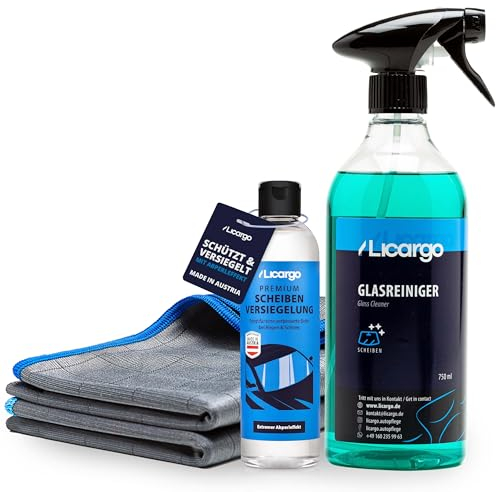 LICARGO® 3-teiliges Scheiben Set - Scheibenversiegelung 250ml & 2X Premium Carbontücher & Glasreiniger Auto (750ml)