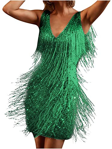 AnnSemo 1920's Great Gatsby Costume Women Sequin Fringe Flapper Dress V Neck Sleeveless Mini Dress Party Prom Cocktail Dance Sexy Sparkly Fancy Clubwear Green