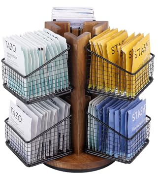 HTB Carousel Tea Bag Organizer for Counter, 2 Tier Tea Bag Holder with 6 Removable Tea Baskets and Acacia Wood Station, Tea Organizers and Storage for Cabinet, Countertop
