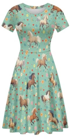 ENLACHIC Damen Kleid im lässigen Stil mit Tier- und Blumendruck, kurzärmlig, A-Linie, Swing T-Shirt-Kleid in Übergröße, Pferd Floral, Groß