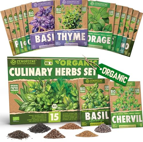 ZenGreens® - Set de semillas de hierbas bio - 15 variedades para cultivar fácilmente en el jardín, balcón o parterre elevado - Plantas aromáticas - Sementes verduras
