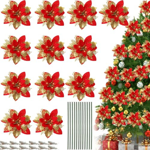 QXNDXQ 12PCS Fleurs de Poinsettia Glitter, Artificielles Avec Tiges Clips pour Noël, Mariage, Table, Guirlande, Fête, Sapin Décoration (Rouge Doré)