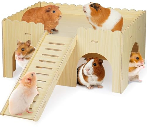 Large Guinea Pig Hideout, Upgraded Wooden Guinea Pig Castle with Guinea Pig ramp, Easy to Assemble Guinea Pig House for Small Animal House Habitat or Hamster Hideout/Rabbit Hideout