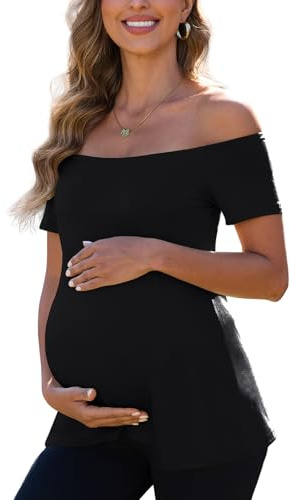 Women's Off The Shoulder Maternity Tops 2025 Trendy Summer Short Sleeve T Shirts Slim Pregnancy Shirts, Black, L