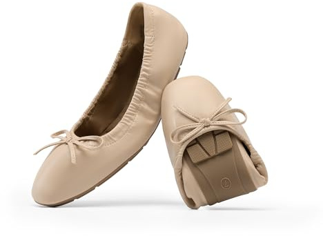 DREAM PAIRS Women's Flats Foldable Square Toe Ballet Flats for Women Bowknot Dressy Comfortable Light Weight Slip On Dress Shoes,Size 9,Nude,DWUMFA2531