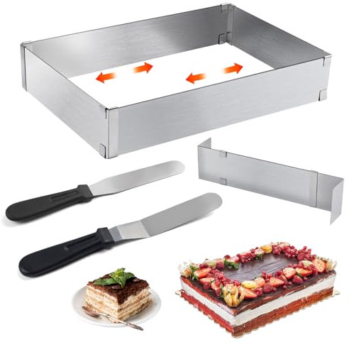 QUTHZZHY Rectangular Adjustable Baking Frame, Cake Mould, Square, Stainless Steel Square Baking Mould, Square Baking Frame for Baking Tray with Divider, Spatula, Cake Plate, Rectangular for Cakes