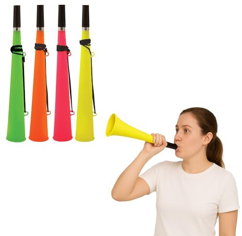 Neon Woofer Horn con cordino, tromba da stadio in plastica, rumorosa, vuvuzela per calcio, sport, allegria, bomboniere, colori assortiti, confezione da 4, solo per Adul