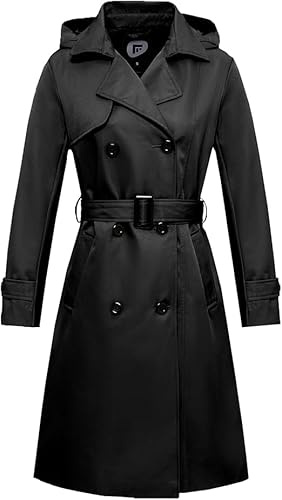 poonyfesh Women's Waterproof Long Trench Coat Double Breasted Windbreaker Classic Lapel Belted Coat With Detachable Hood Black Medium