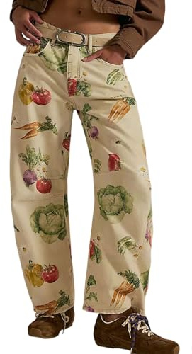 loveimgs Jeans larghi da donna con stampa floreale in denim, alla caviglia, pantaloni a gamba larga, jeans a vita media, pantaloni della tuta patchwork, Y2k, XL