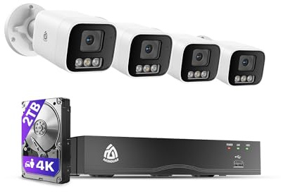 4K Kit Cámaras de Vigilancia PoE, 4X 8MP Cámaras IP Exterior Visión Nocturna a Color, 8CH NVR 2TB HDD Grabación 24/7, Detección Persona/Vehículo, Audio Bidireccional, IP66