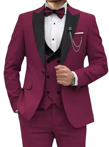 Traje de 3 Piezas para Hombre, Elegante, Ajustado, con Solapa de Pico, un botón, Formal, para Negocios, Boda, Fiesta, Chaqueta, Chaleco, pantalón, Conjunto Traje, Color Vino Tinto Mediano