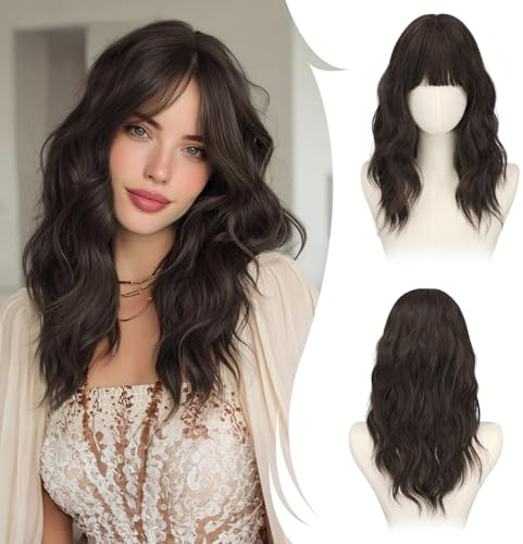 RUWISS Castano Scuro Parrucca Lunghe Ondulate con Frangia, 50 cm Stratificato Parrucche Donna Aspetto Naturale Sintetico Capelli Parrucche Quotidiano Partito Cosplay Uso
