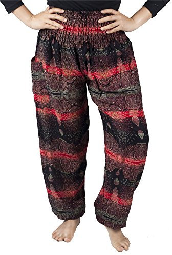 Lofbaz Harem Pants for Women Hippie Boho Festival Clothing - Bohemian Trousers for Yoga Beach Summer - Smocked Waist with Pockets - Oval Red M