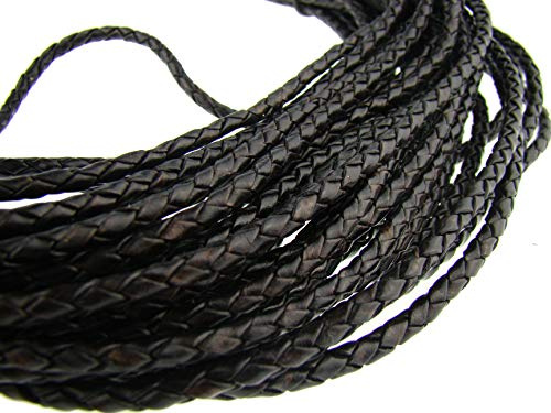 Corda in pelle rotonda intrecciata, 4 mm, colore nero anticato, 3 m, lunghezza: a scelta