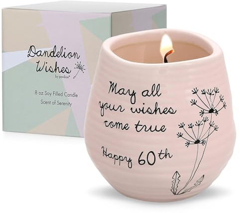Pavilion - 8 Oz Candle Holder - Pink Ceramic Candle Jar with 100% Soy Wax Candle Serenity Scent May all your wishes come true Happy 60th Ideal Gift for Loved Ones - Printed Text, Love Theme & Oval
